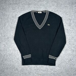 Lacoste Pullover Sweater Women's Size 42 XL Black V Neck Cotton Cuffed Stripes